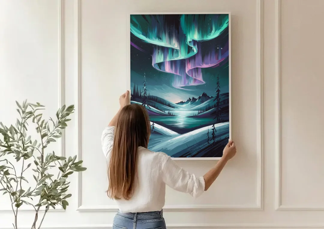 Aurora Skyline Glow canvas wall art being hung on a paneled wall