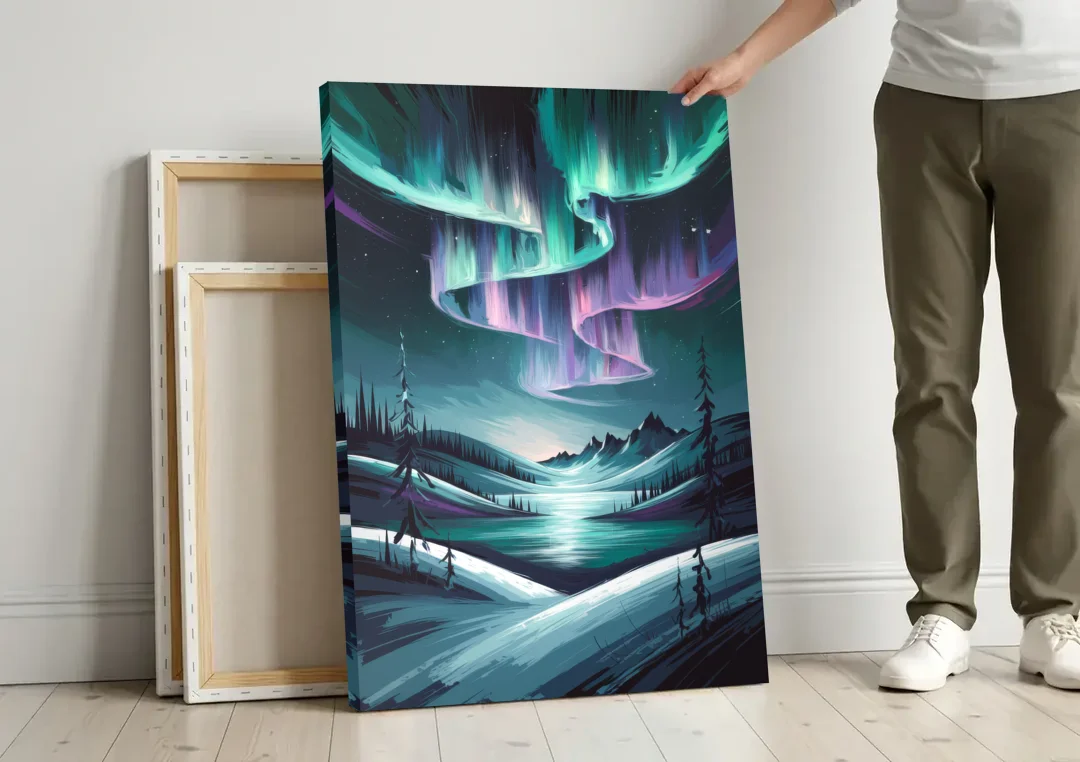 Aurora Skyline Glow canvas wall art leaning against a wall next to blank canvases