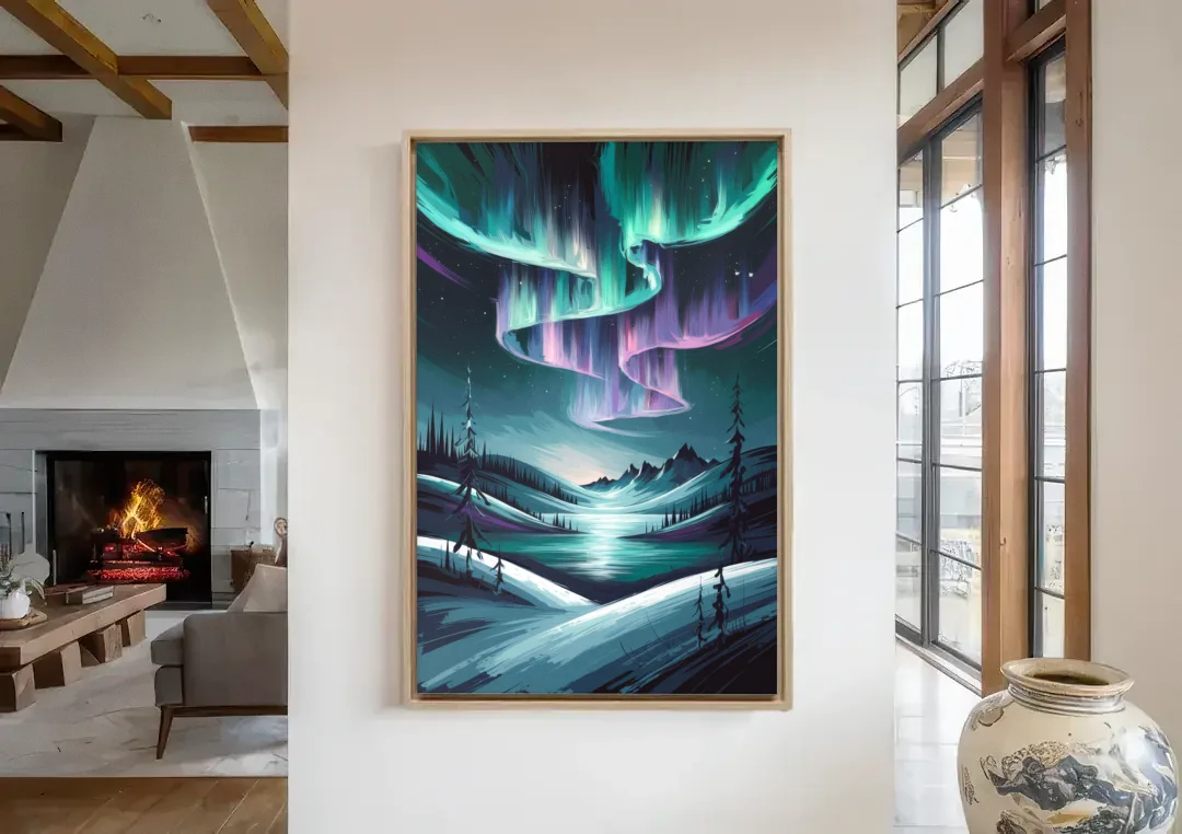 Aurora Skyline Glow canvas wall art in a living room with a fireplace