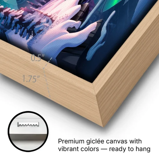 Aurora Snowy Peaks - Oak Framed Canvas Wall Art - Gallery Wrap Corner