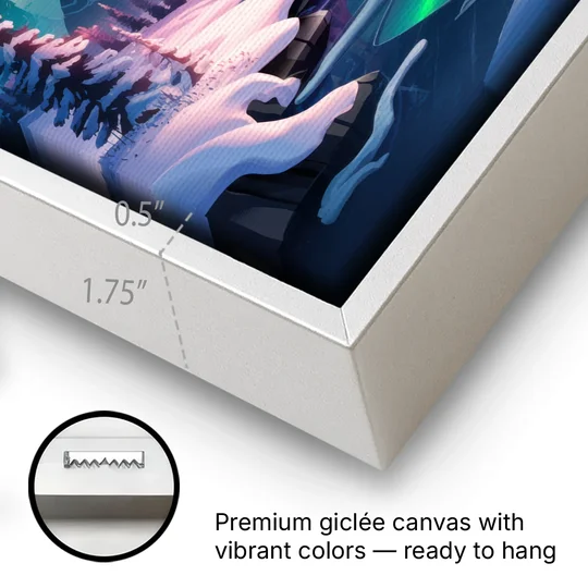 Aurora Snowy Peaks - White Framed Canvas Wall Art - Gallery Wrap Corner