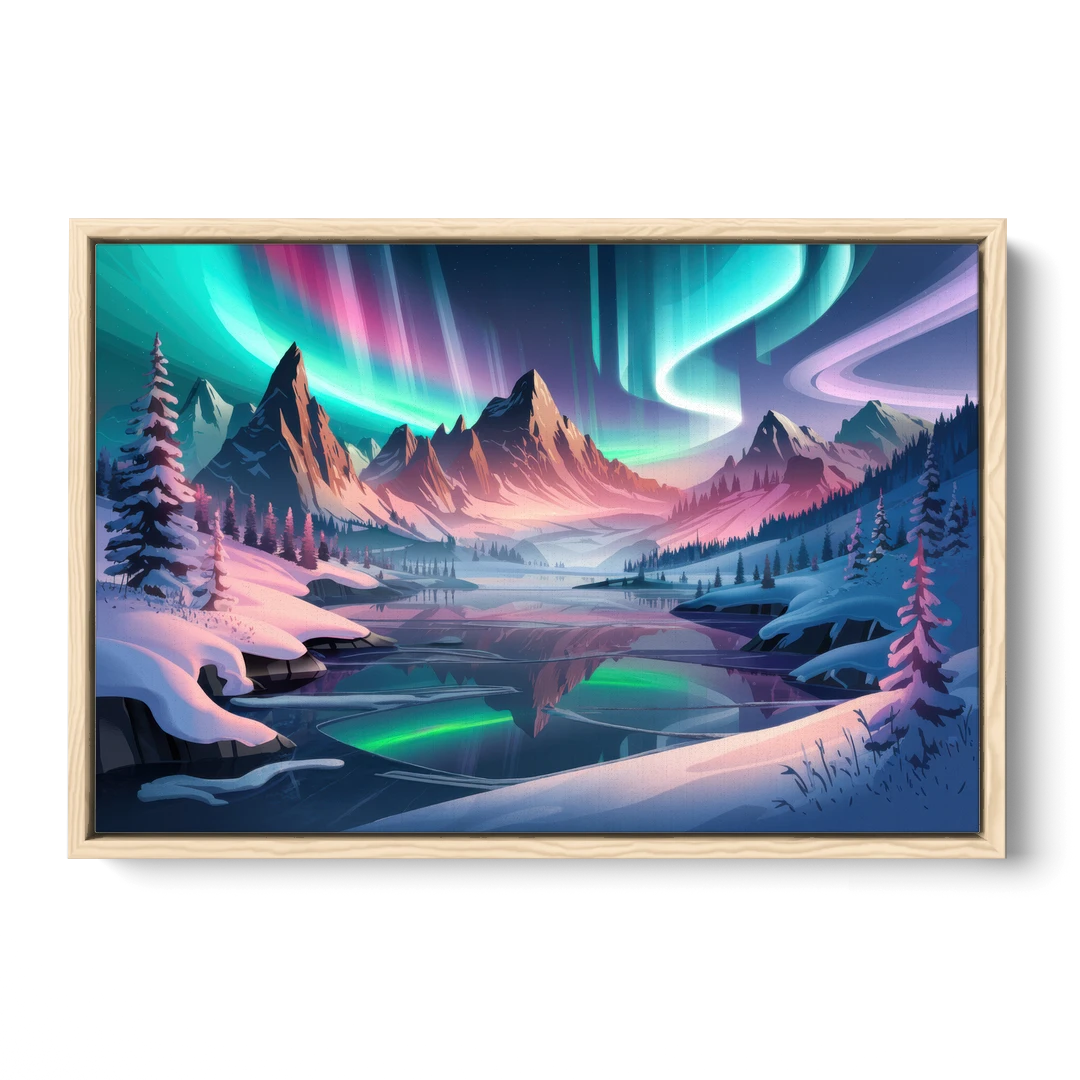 Aurora Snowy Peaks - Oak Framed Canvas Wall Art - Front