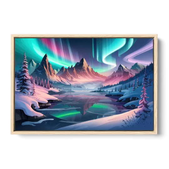 Aurora Snowy Peaks - Oak Framed Canvas Wall Art - Front