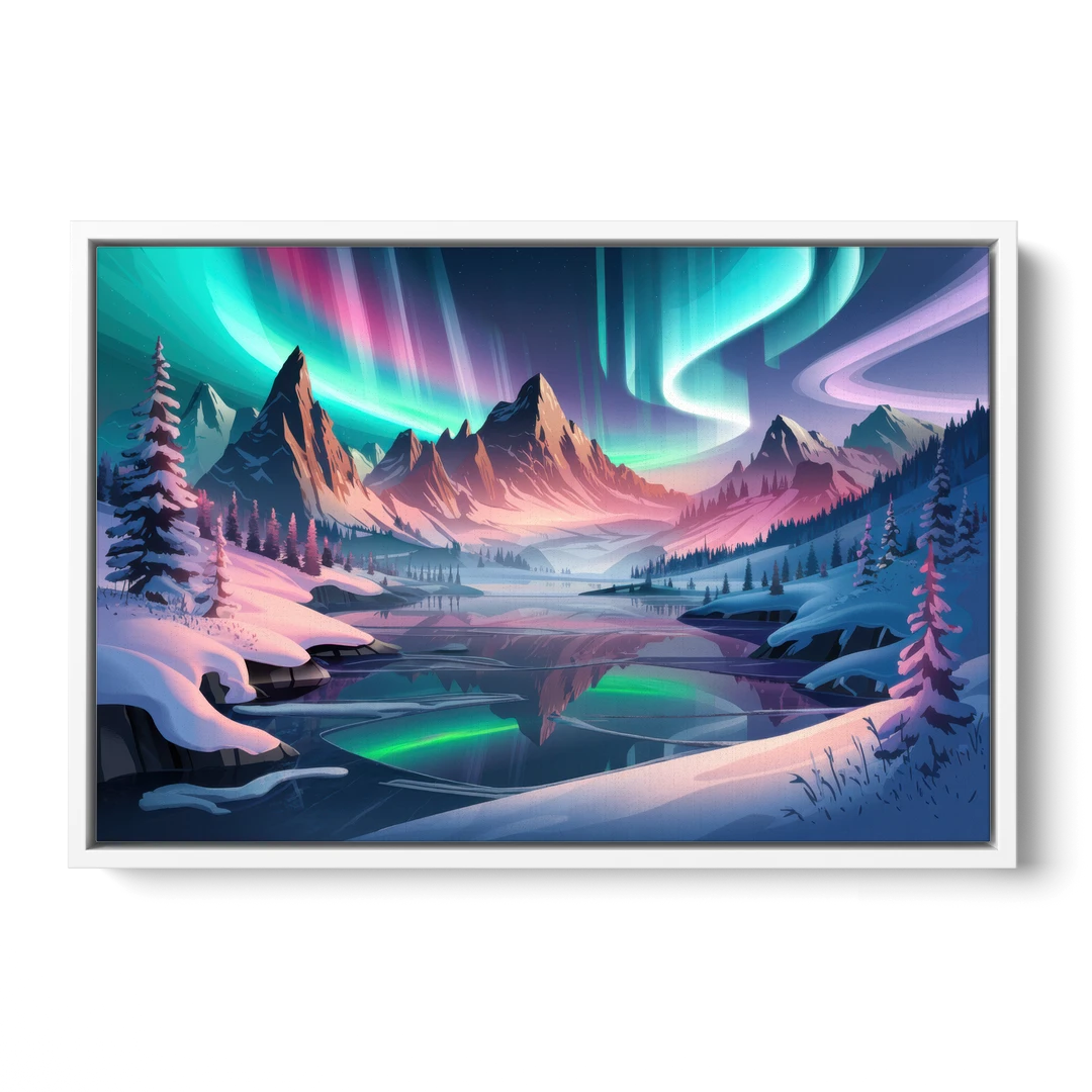 Aurora Snowy Peaks - White Framed Canvas Wall Art - Front