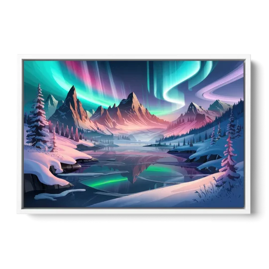 Aurora Snowy Peaks - White Framed Canvas Wall Art - Front