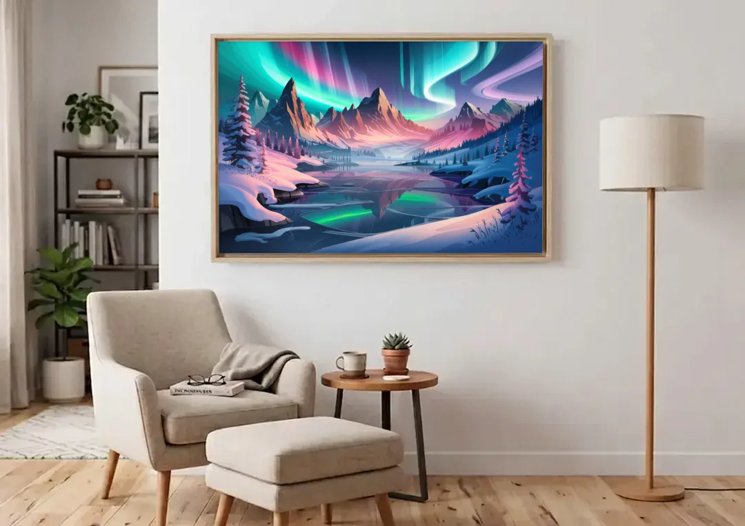 Aurora Snowy Peaks canvas wall art above an armchair in a bright living room