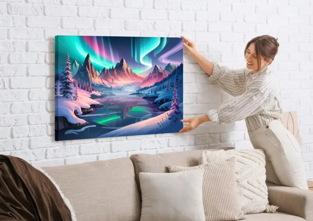 Aurora Snowy Peaks canvas wall art being hung on a white brick wall above a sofa