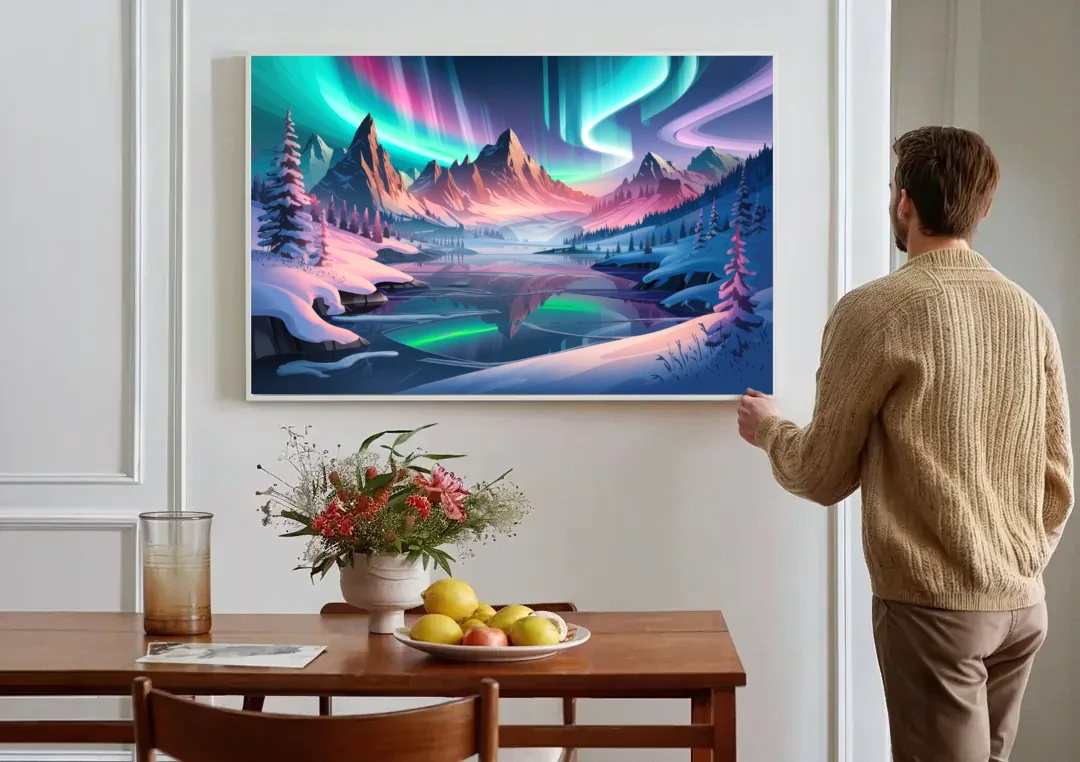 Aurora Snowy Peaks canvas wall art above a dining table