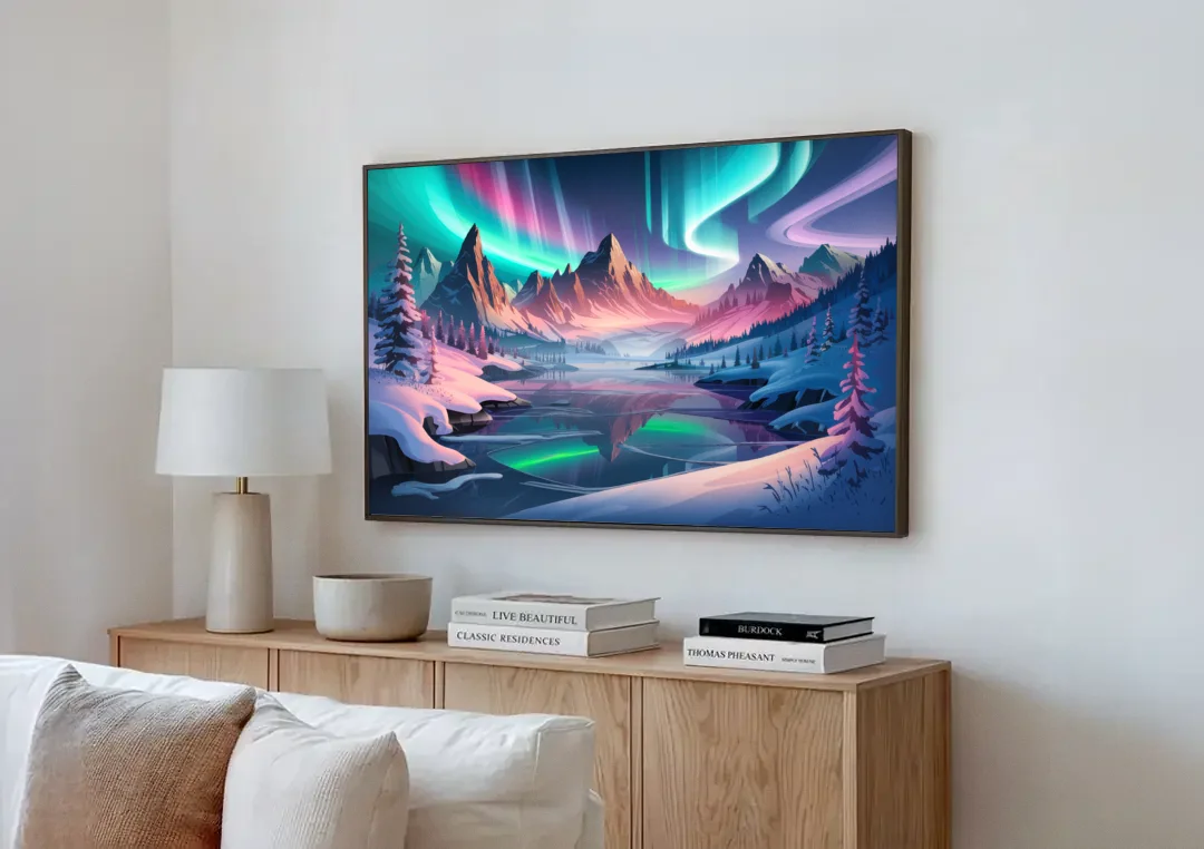 Aurora Snowy Peaks canvas wall art above a wooden sideboard next to a sofa