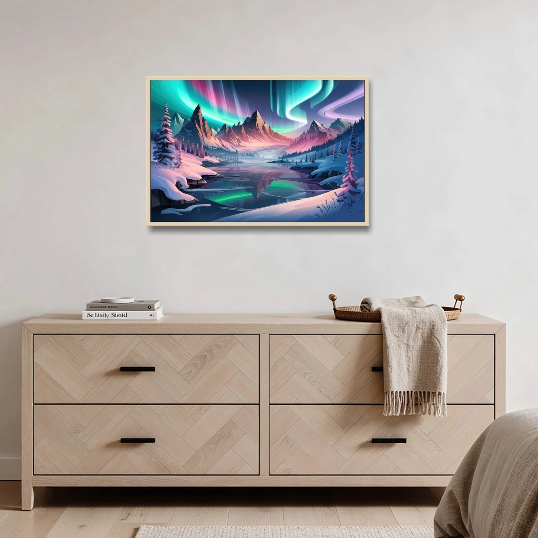 Aurora Snowy Peaks - Oak Framed Canvas Wall Art - Coffee Table - 36x24