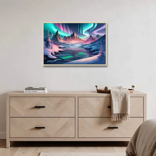 Aurora Snowy Peaks - Oak Framed Canvas Wall Art - Coffee Table - 36x24