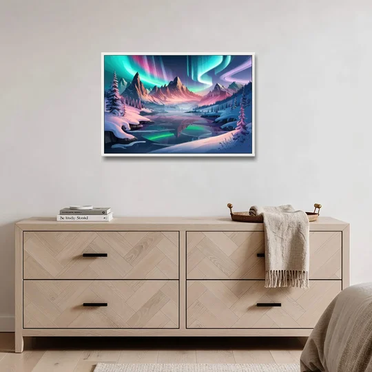 Aurora Snowy Peaks - White Framed Canvas Wall Art - Coffee Table - 36x24