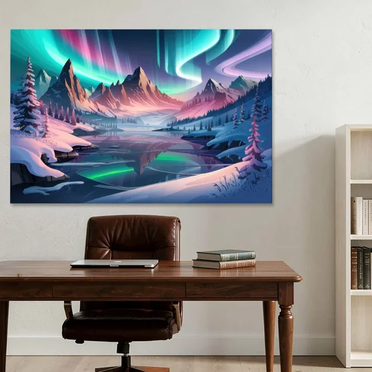 Aurora Snowy Peaks - Canvas Wall Art - Office - 60x40