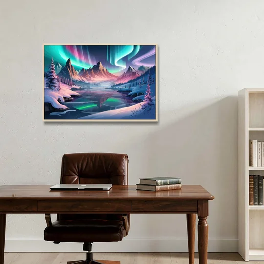 Aurora Snowy Peaks - Oak Framed Canvas Wall Art - Office - 36x24
