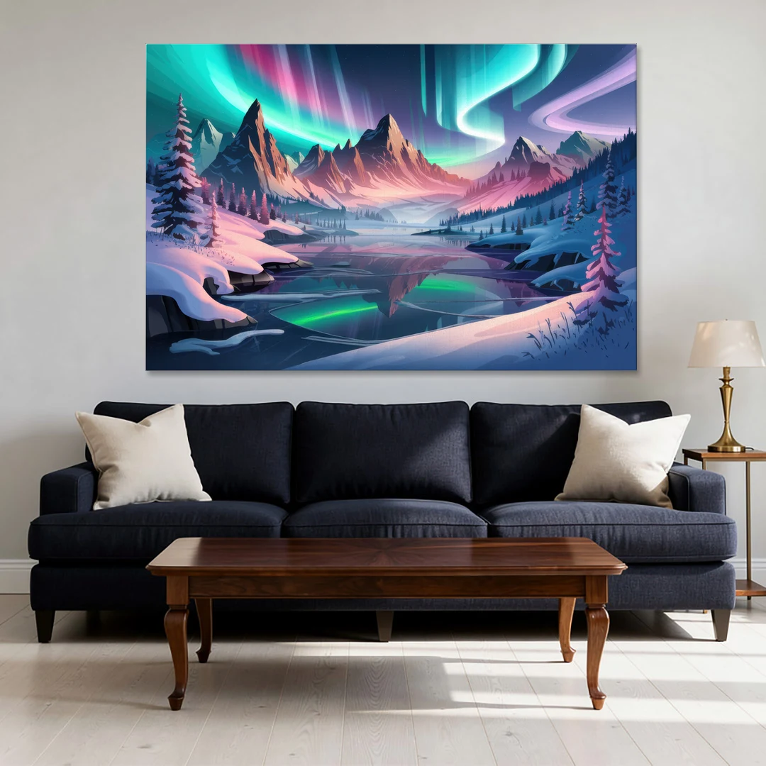 Aurora Snowy Peaks - Canvas Wall Art - Sofa - 60x40