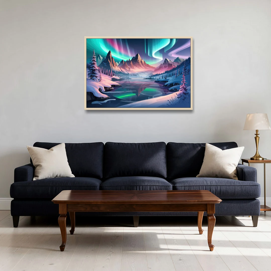 Aurora Snowy Peaks - Oak Framed Canvas Wall Art - Sofa - 36x24