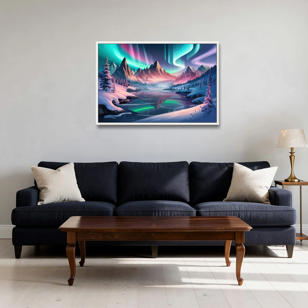 Aurora Snowy Peaks - White Framed Canvas Wall Art - Sofa - 36x24