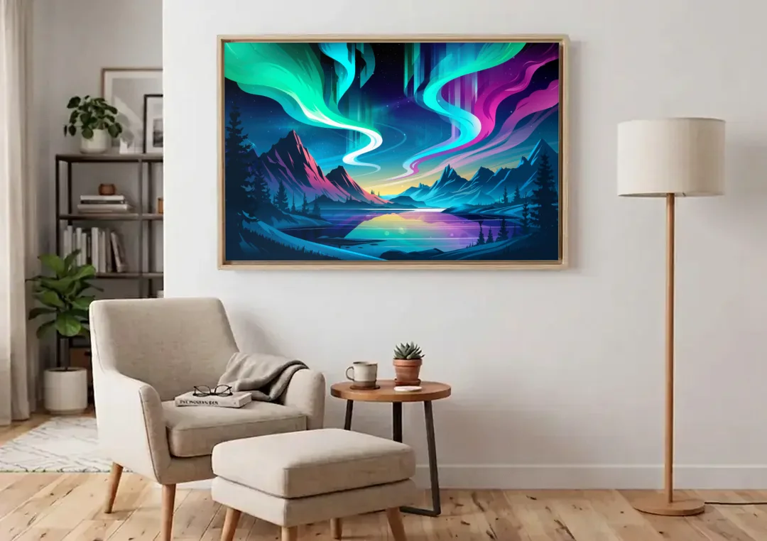 Aurora Starry Night canvas wall art above an armchair in a bright living room
