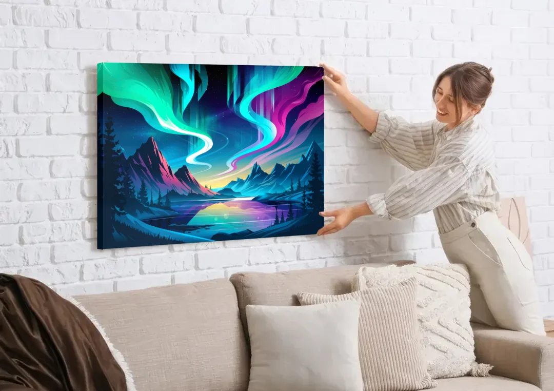 Aurora Starry Night canvas wall art being hung on a white brick wall above a sofa