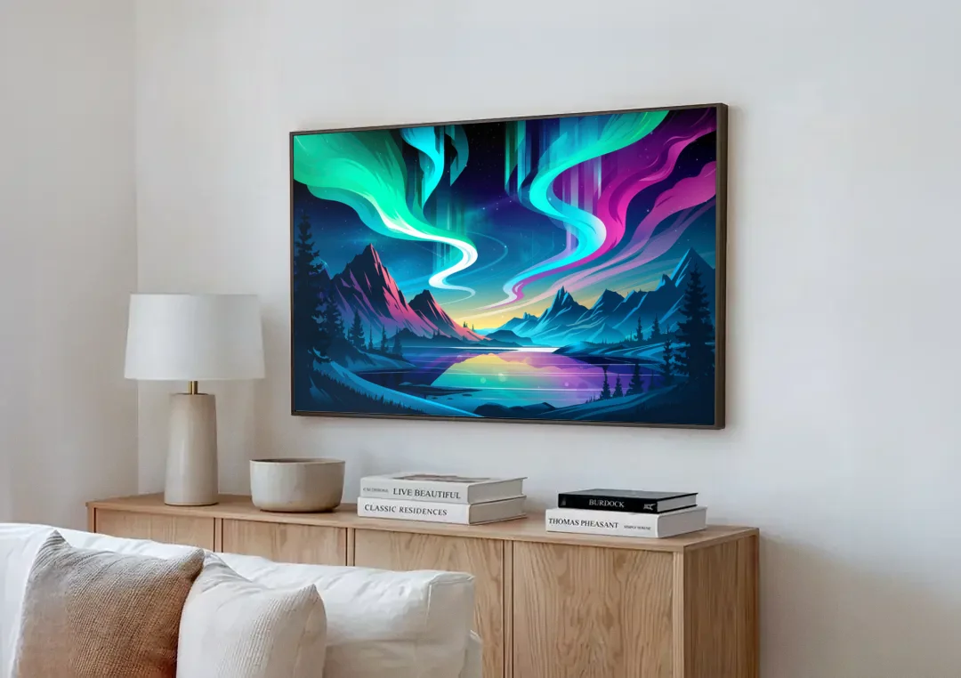 Aurora Starry Night canvas wall art above a wooden sideboard next to a sofa