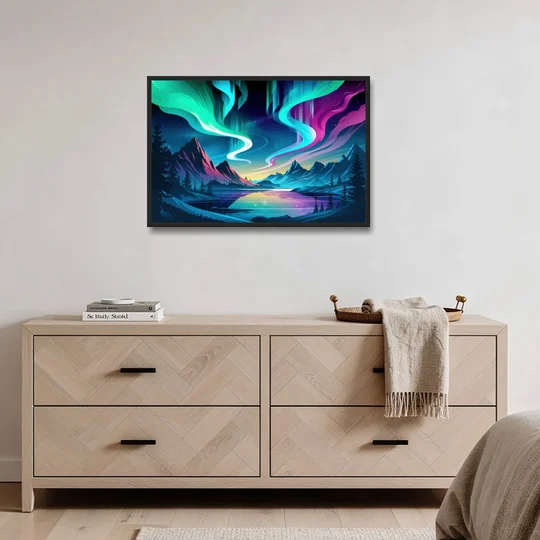 Aurora Starry Night - Black Framed Canvas Wall Art - Coffee Table - 36x24