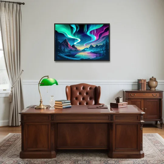Aurora Starry Night - Black Framed Canvas Wall Art - Office - 36x24