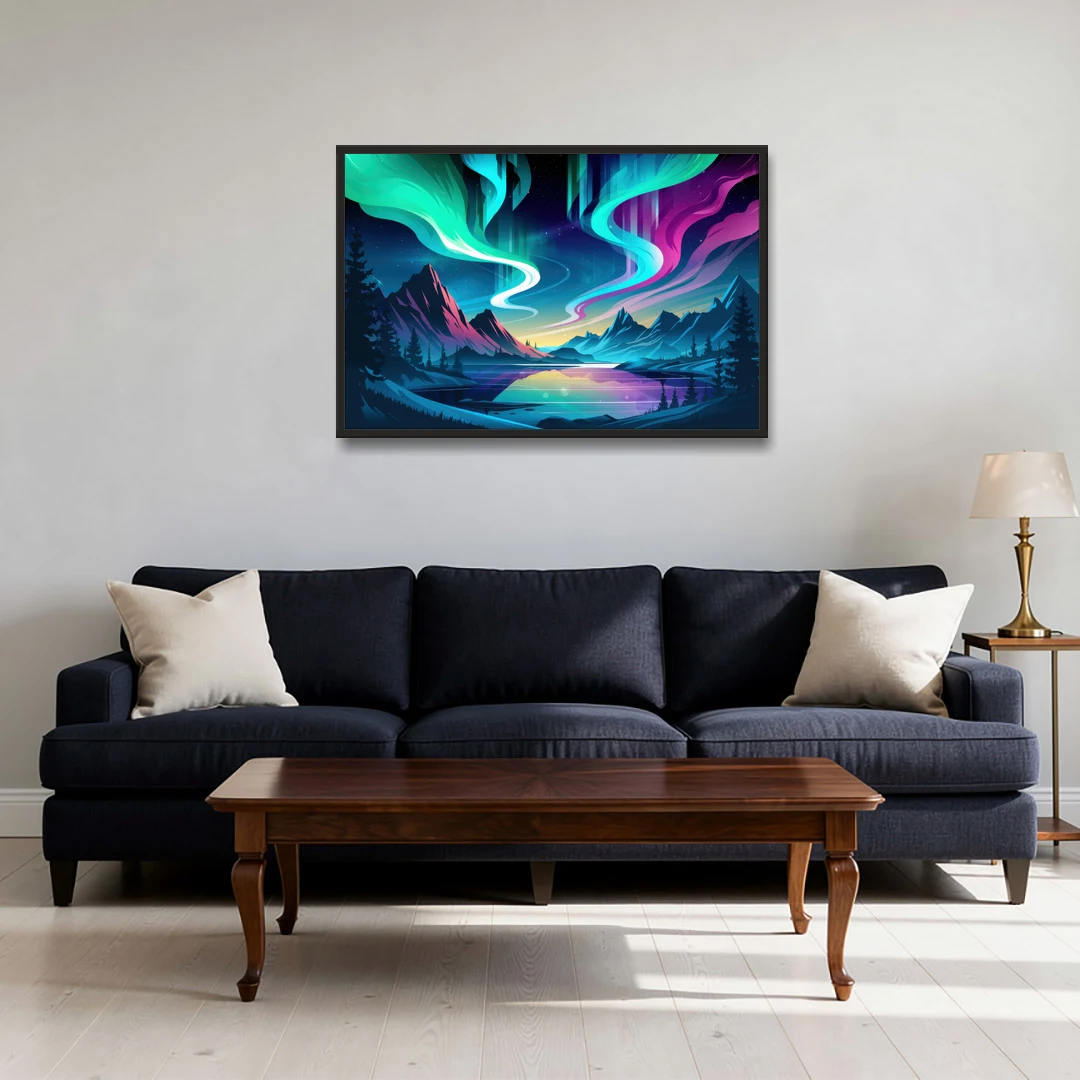 Aurora Starry Night - Black Framed Canvas Wall Art - Sofa - 36x24