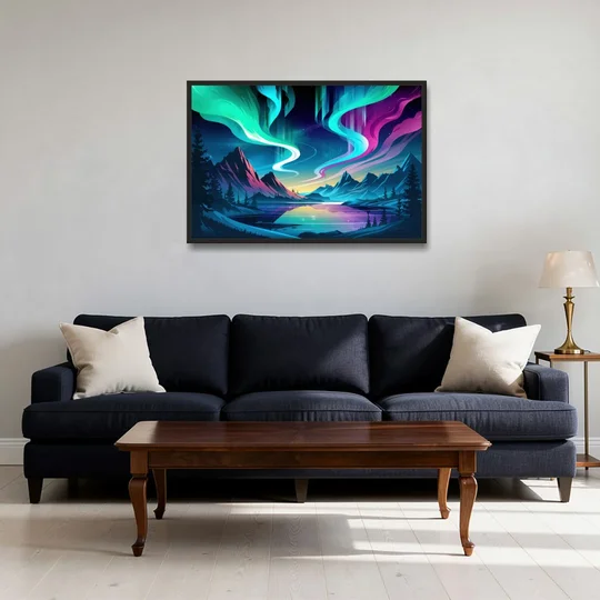 Aurora Starry Night - Black Framed Canvas Wall Art - Sofa - 36x24