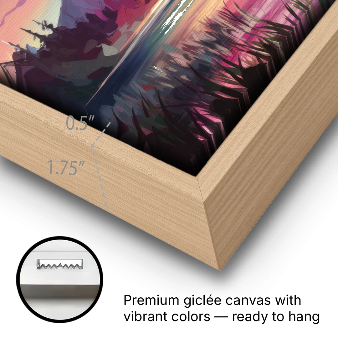 Aurora Sunset Glow - Oak Framed Canvas Wall Art - Gallery Wrap Corner