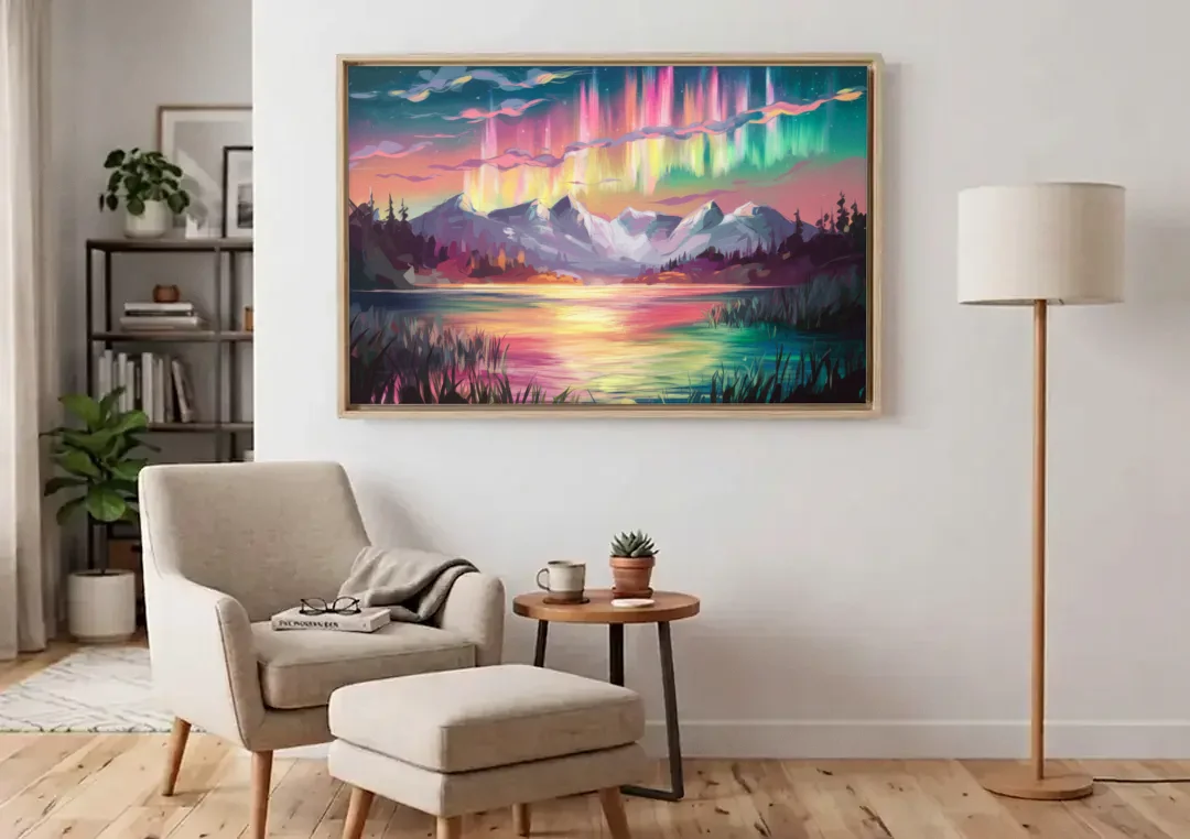 Aurora Sunset Glow canvas wall art above an armchair in a bright living room