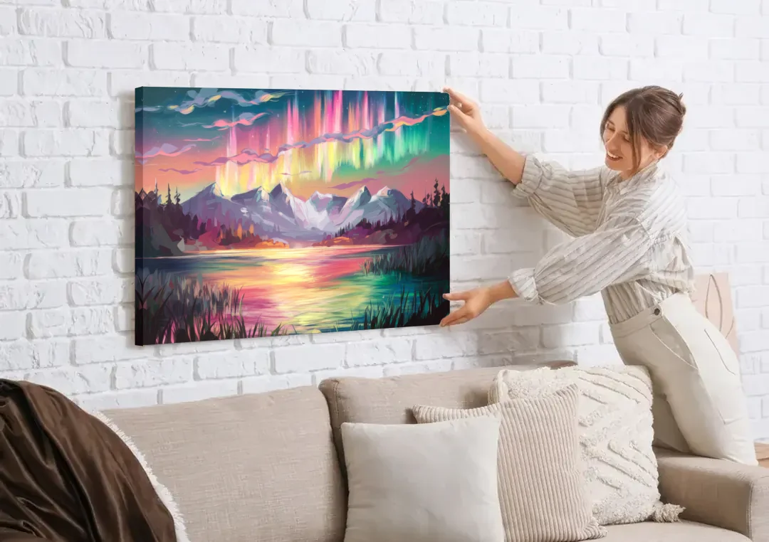 Aurora Sunset Glow canvas wall art being hung on a white brick wall above a sofa