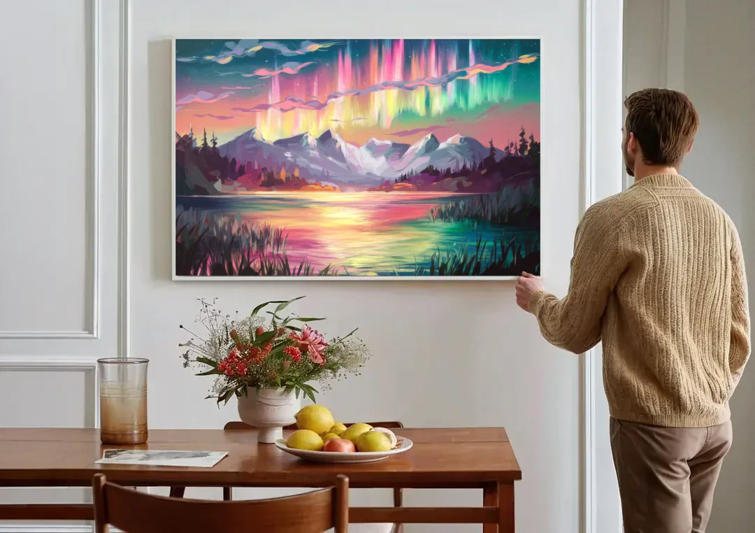 Aurora Sunset Glow canvas wall art above a dining table