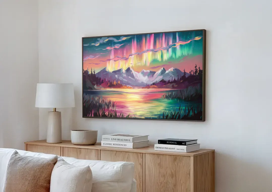 Aurora Sunset Glow canvas wall art above a wooden sideboard next to a sofa