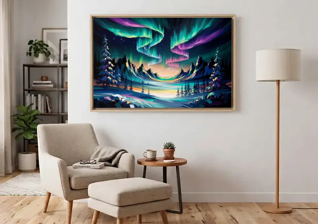 Aurora Vibrant Skies canvas wall art above an armchair in a bright living room