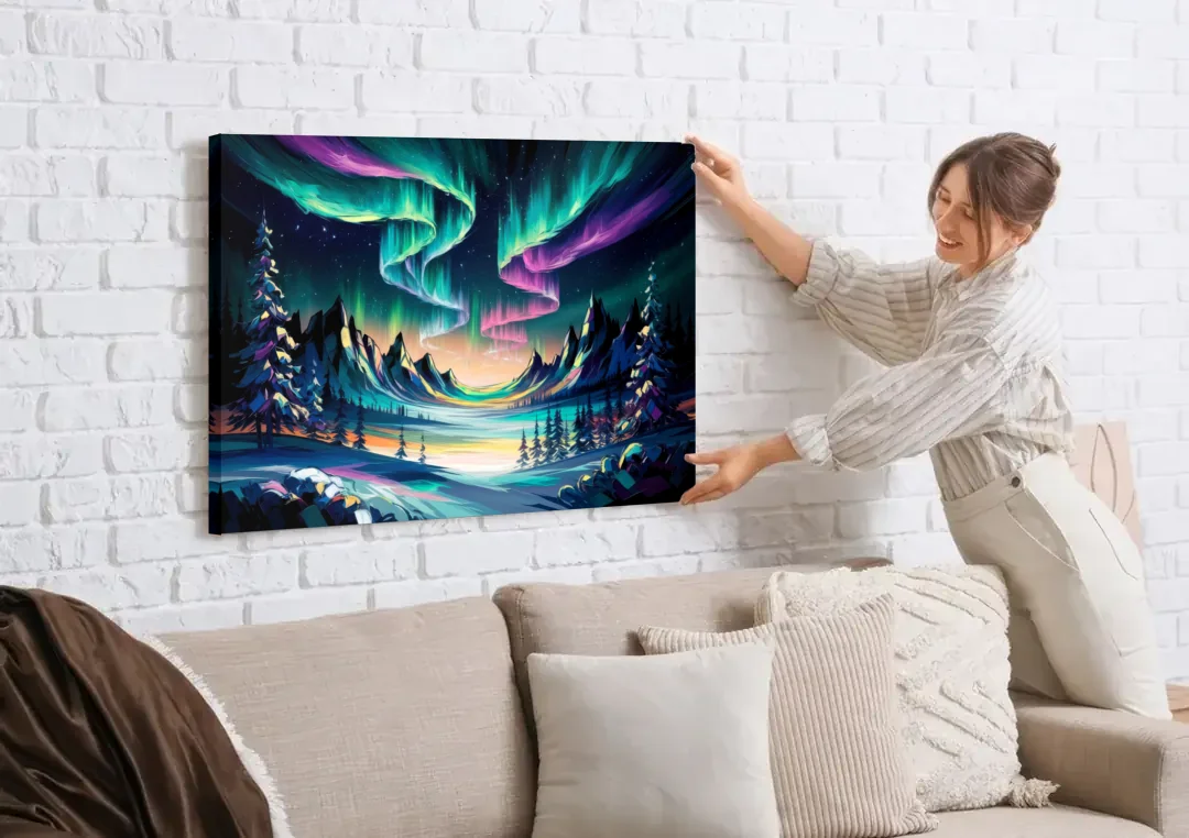Aurora Vibrant Skies canvas wall art being hung on a white brick wall above a sofa