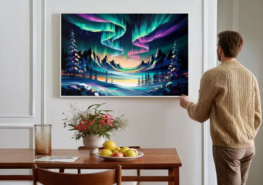 Aurora Vibrant Skies canvas wall art above a dining table