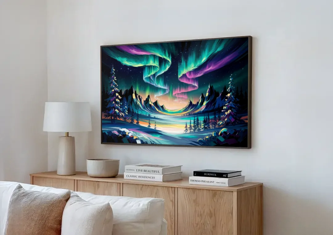 Aurora Vibrant Skies canvas wall art above a wooden sideboard next to a sofa