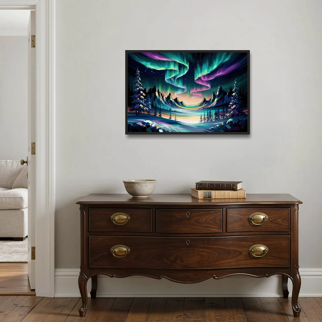 Aurora Vibrant Skies - Black Framed Canvas Wall Art - Coffee Table - 36x24