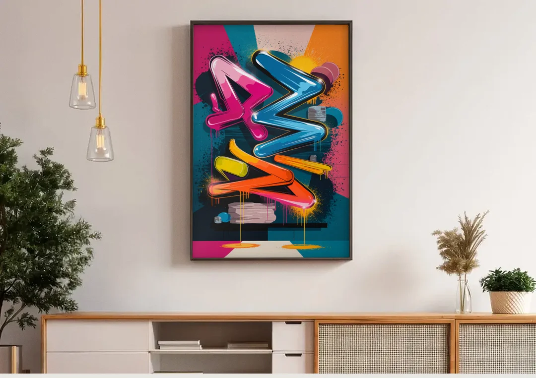 Austin Artistic Graffiti canvas wall art above a wooden sideboard under pendant lights