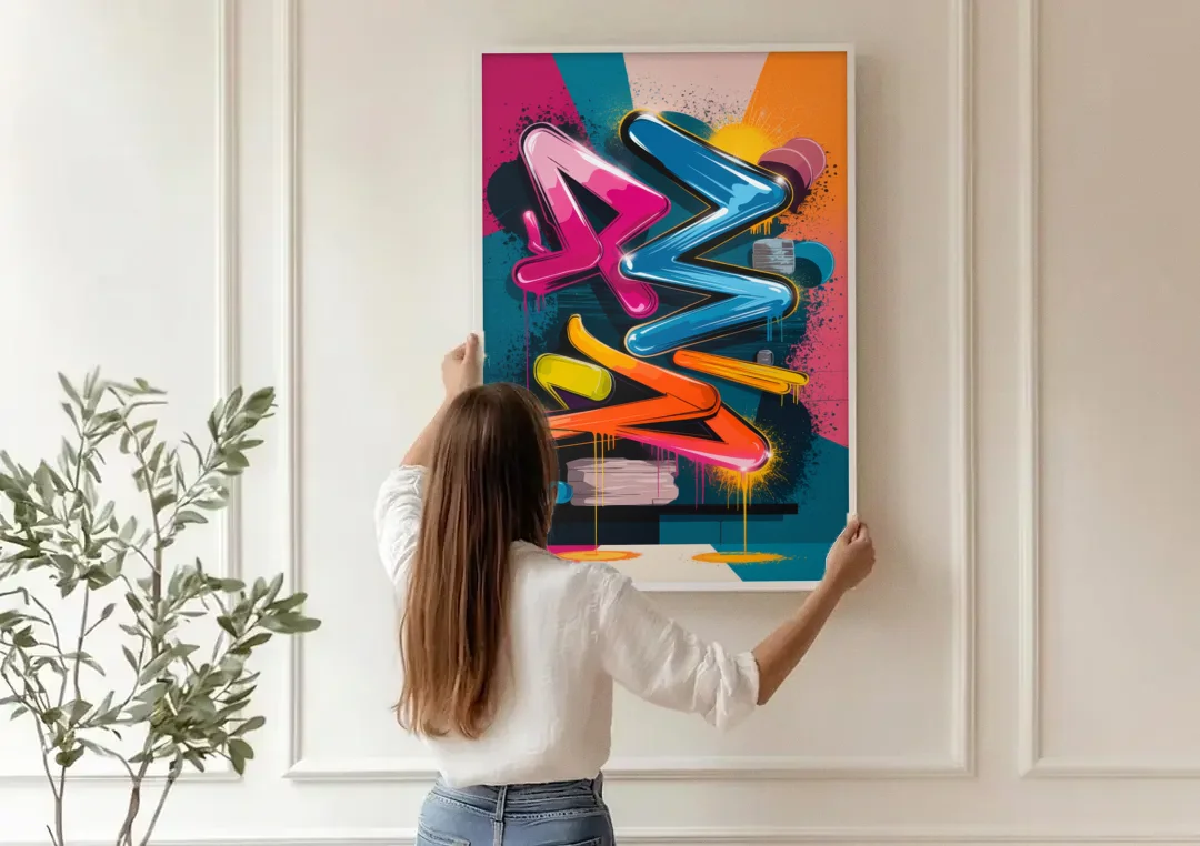 Austin Artistic Graffiti canvas wall art being hung on a paneled wall