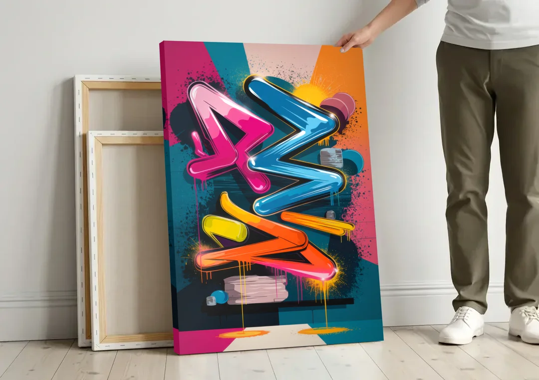 Austin Artistic Graffiti canvas wall art leaning against a wall next to blank canvases