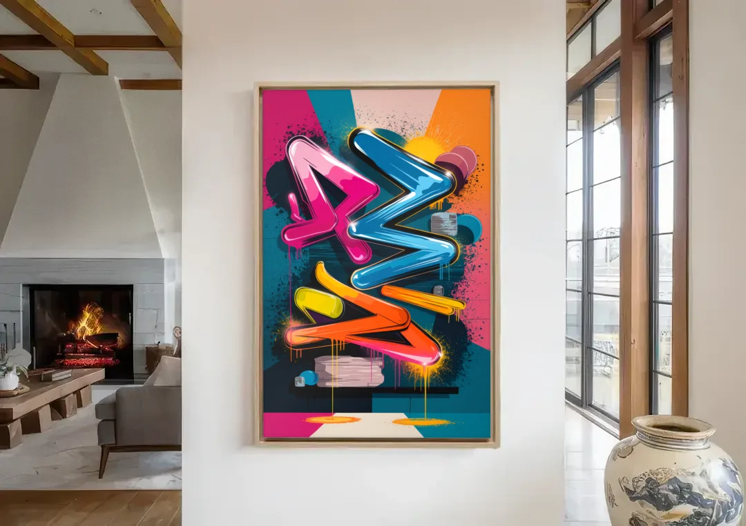 Austin Artistic Graffiti canvas wall art in a living room with a fireplace