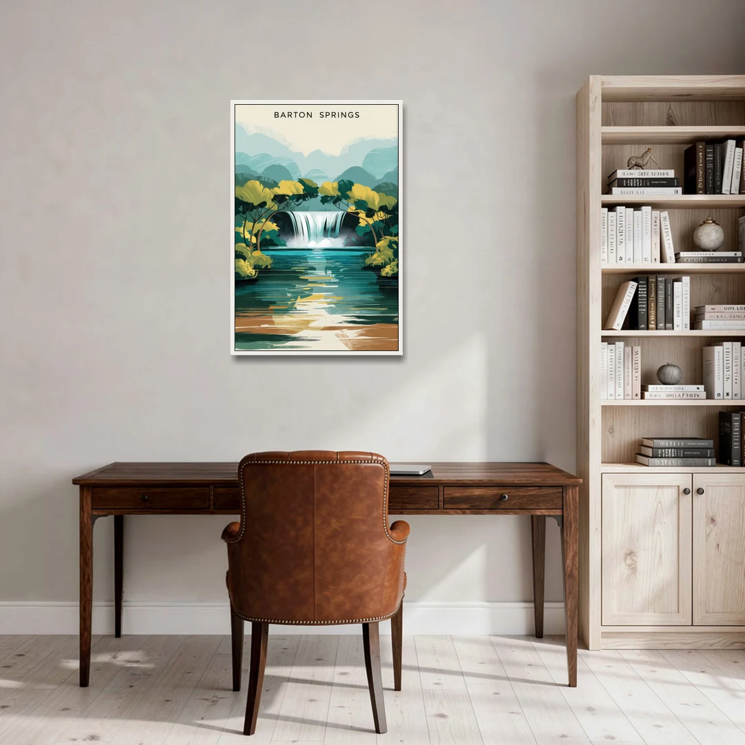 Austin Barton Springs Serenity - White Framed Canvas Wall Art - Office - 24x36