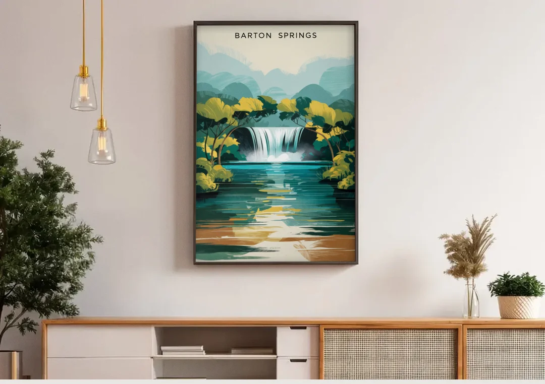 Austin Barton Springs Serenity canvas wall art above a wooden sideboard under pendant lights
