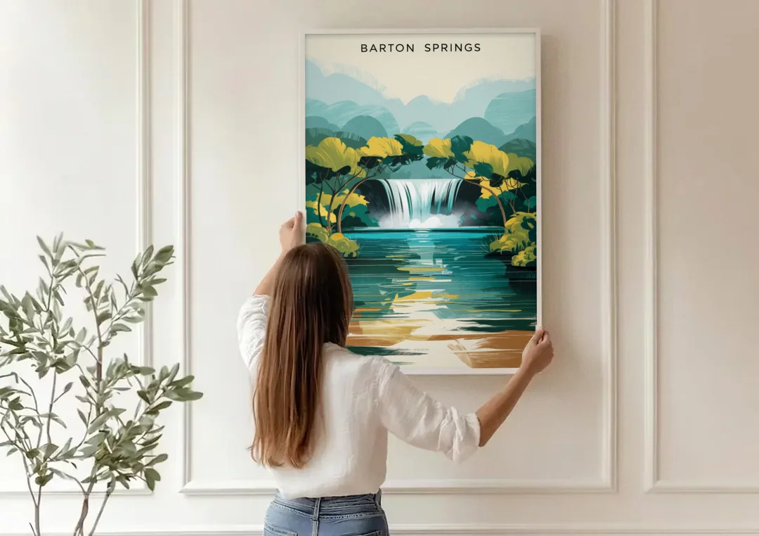 Austin Barton Springs Serenity canvas wall art being hung on a paneled wall