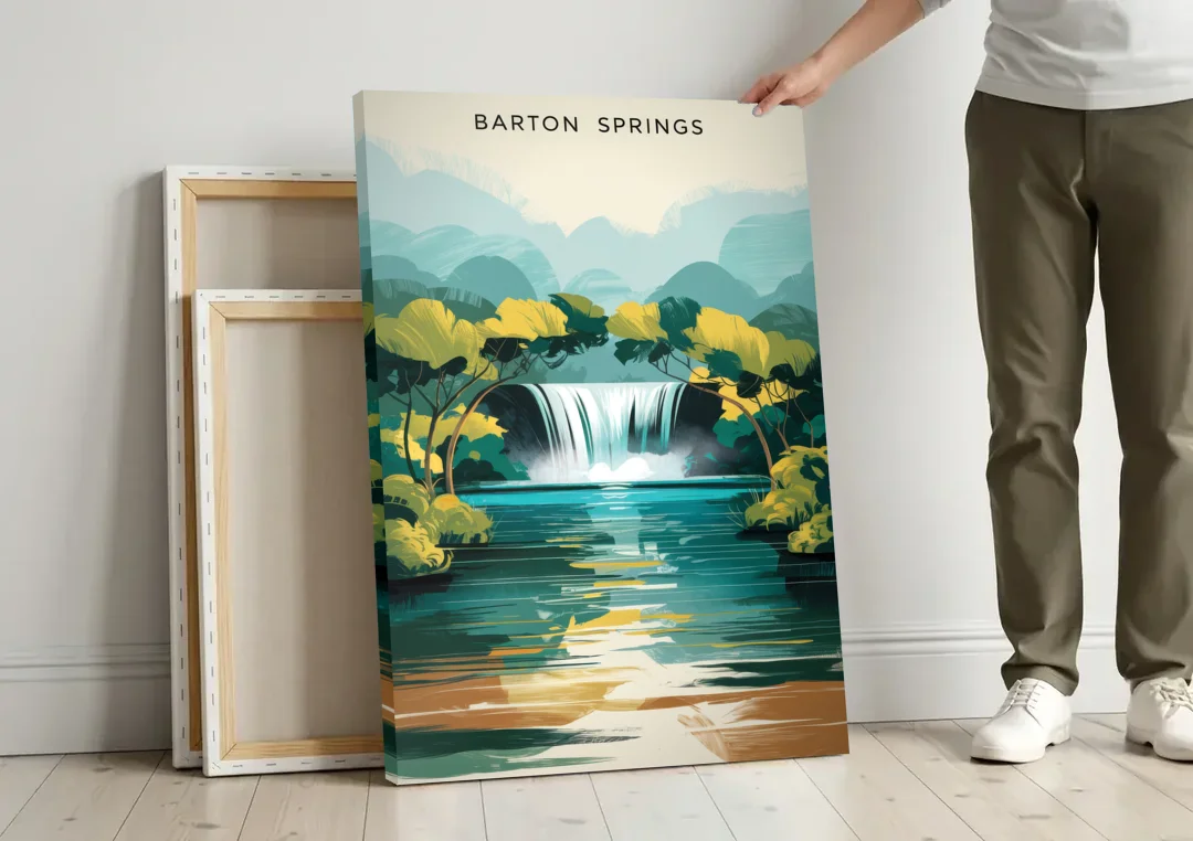 Austin Barton Springs Serenity canvas wall art leaning against a wall next to blank canvases