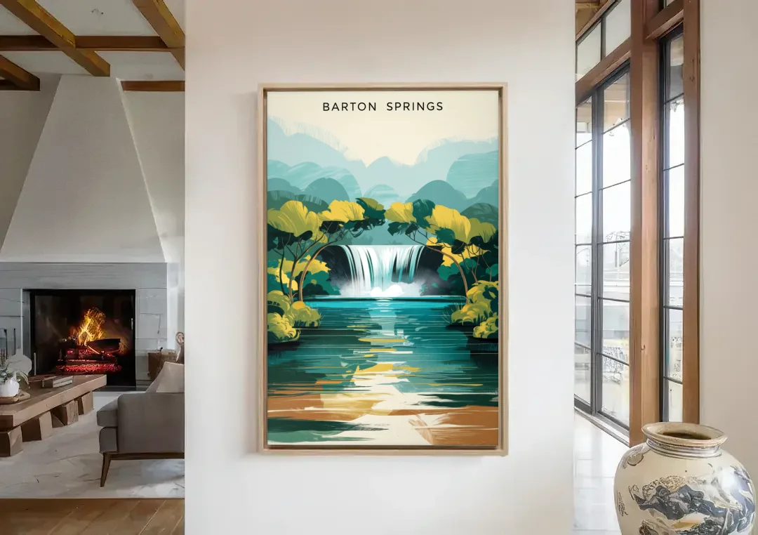 Austin Barton Springs Serenity canvas wall art in a living room with a fireplace