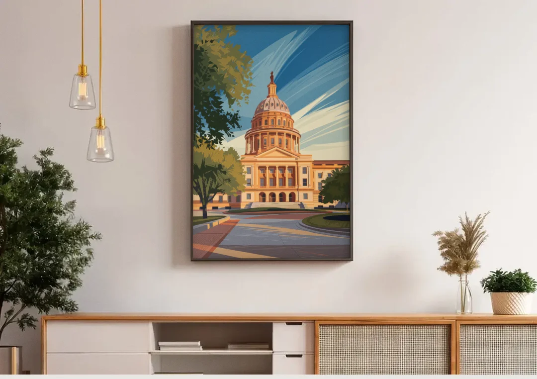 Austin Capitol Building Charm canvas wall art above a wooden sideboard under pendant lights