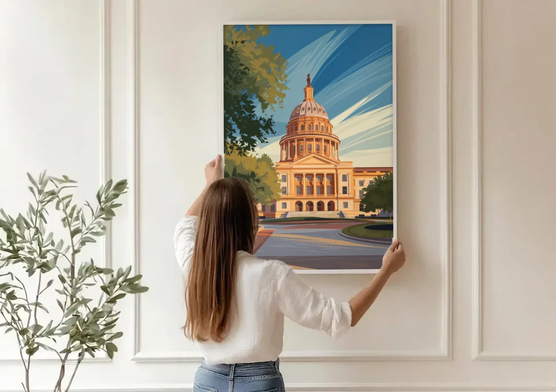 Austin Capitol Building Charm canvas wall art being hung on a paneled wall