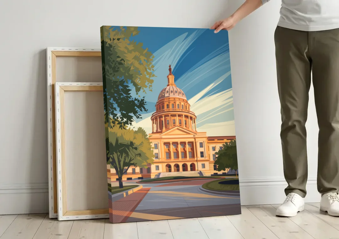 Austin Capitol Building Charm canvas wall art leaning against a wall next to blank canvases